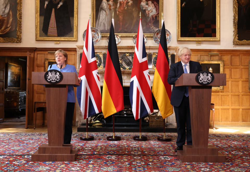 Prime Minister Boris Johnson and the Chancellor of Germany, Angela Merkel, during a press conference after their meeting at Chequers, the country house of the Prime Minister of the United Kingdom, in Buckinghamshire. Picture date: Friday July 2, 2021.