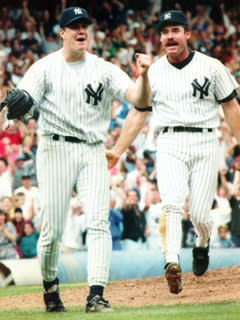 Jim Abbott reacts to his 1993 no-hitter against the Cleveland Indians as New York Yankees teammate Wade Boggs joins the celebration
