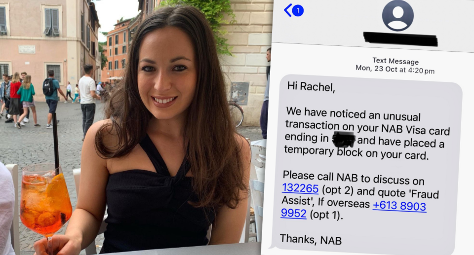 Rachel De Candia, NAB, Westpac scam victim, and text from her bank NAB.