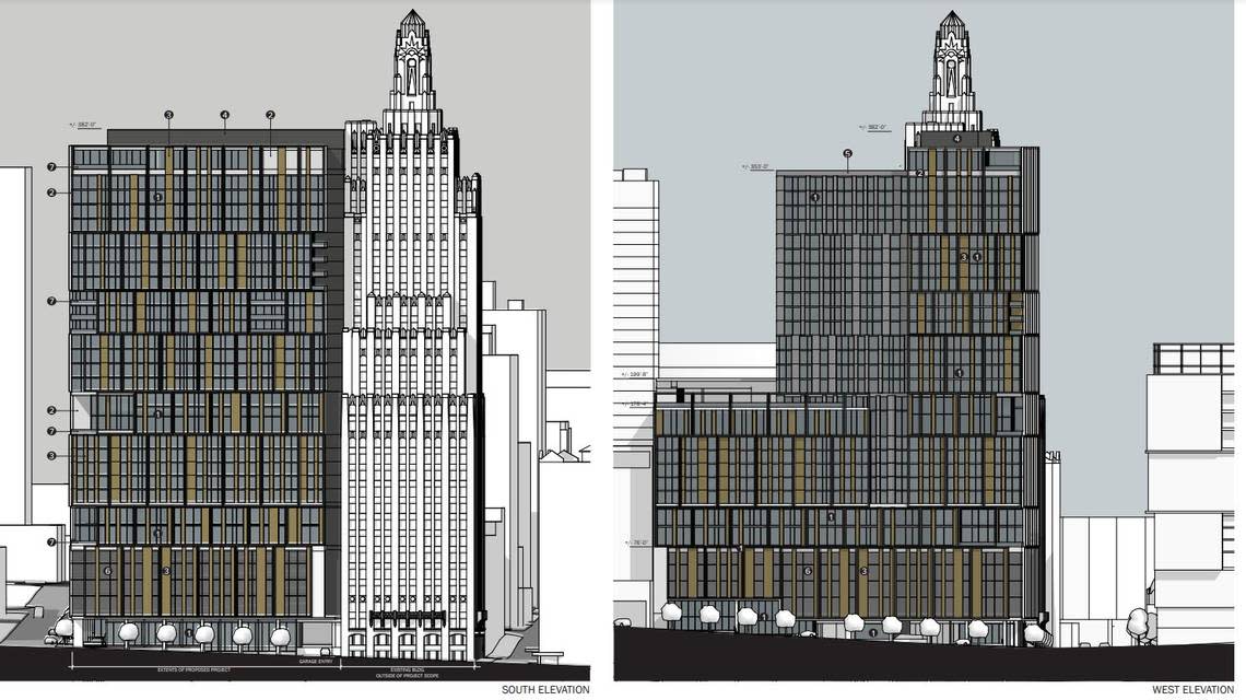 This rendering, included in city documents, shows plans for a new hotel and residential tower that St. Louis-based developer Lux Living plans for the northeast corner of the intersection of Wyandotte Street and W. 14th Street. The tower would nearly eclipse the 32-story Kansas City Power & Light building at 1300 Baltimore Street.
