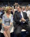 Spanish Prime Minister Mariano Rajoy (R) and Popular Party (PP) candidate for mayor of Madrid, Esperanza Aguirre, attend the party's closing campaign meeting in Madrid on May 22, 2015 ahead of regional and municipal elections