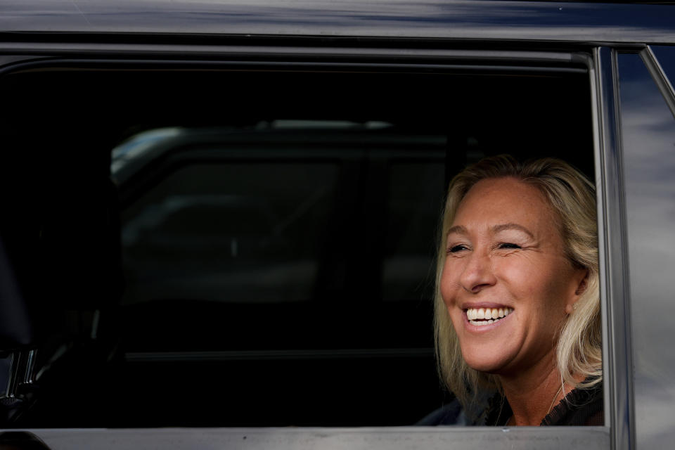 Rep. Marjorie Taylor Greene, R-Ga., speaks with supporters from her car outside Danbury Federal Correctional Institution, Monday, July 1, 2024, in Danbury, Conn. (AP Photo/Julia Nikhinson)