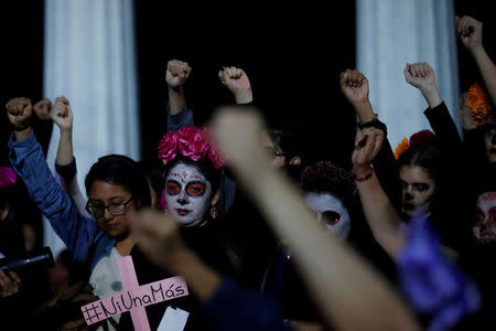 Activists with their faces painted to look like the popular Mexican figure "Catrina" gesture for a minute of silence as they take part in a march against femicide during the Day of the Dead in Mexico City, Mexico November 1, 2017.REUTERS/Carlos Jasso