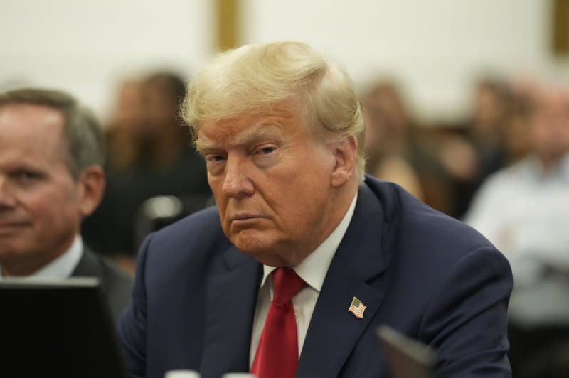 Former President Donald Trump sits in the courtroom for Day 2 of his civil fraud trial Tuesday in New York City. Photo by Seth Wenig/UPI