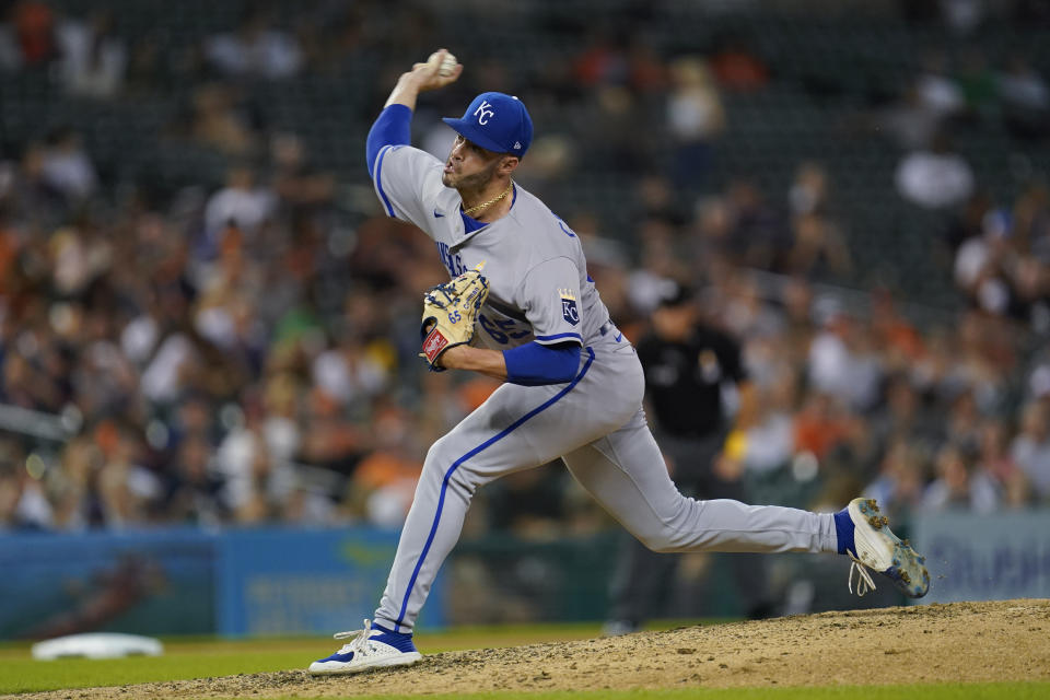 Kansas City Royals relief pitcher Dylan Coleman throws against the Detroit Tigers in the eighth inning of a baseball game in Detroit, Friday, Sept. 2, 2022. (AP Photo/Paul Sancya)