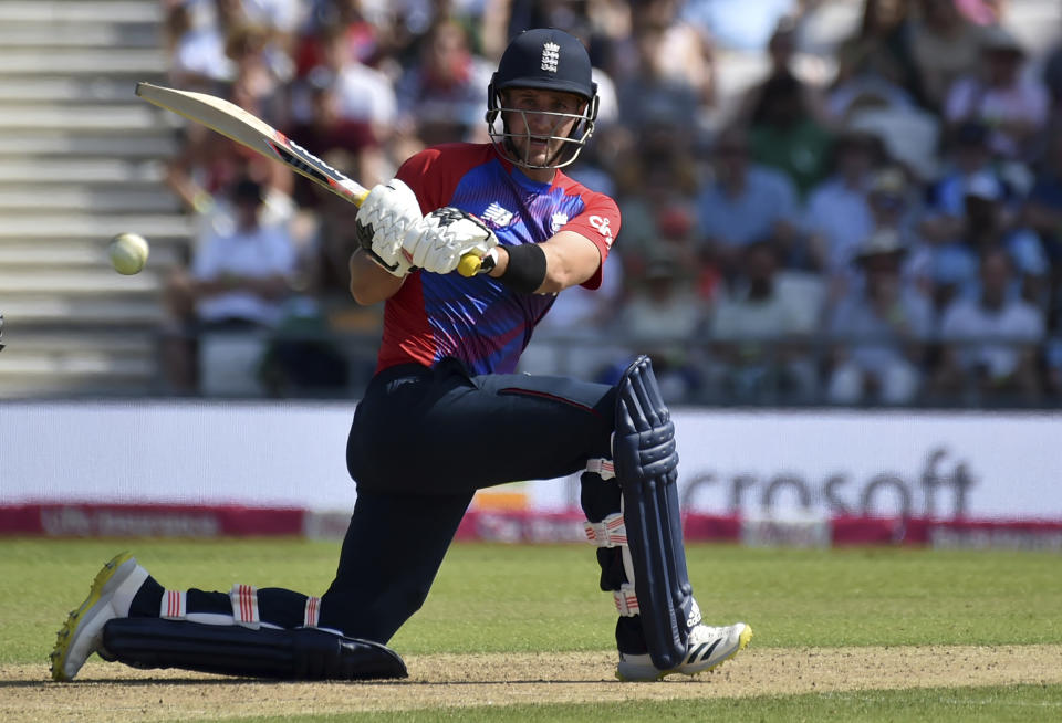 FILE - In this July 18, 2021, file photo, England's Liam Livingstone plays a shot during the second Twenty20 international cricket match between England and Pakistan at Headingley in Leeds. Livingstone's two-year plan has paid off. In a bid to get into England's squad for this World Cup, he decided in 2019 to do a global tour of the T20 franchises so he could experience a variety of conditions and broaden his experience. (AP Photo/Rui Vieira, File)