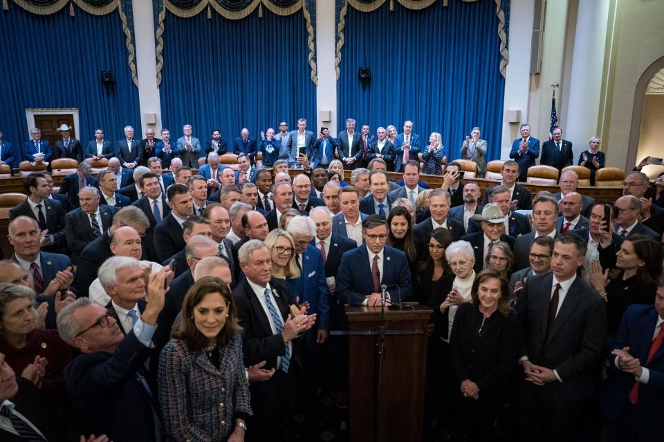 Rep. Mike Johnson (R-LA), at microphone, is selected as Speaker Designate by the House GOP Conference as House lawmakers seek to elect a new speaker in Washington on Oct 24, 2023. Speaker Kevin McCarthy was voted out of the job on Tuesday, Oct. 3, 2023 in a move led by a group of hardline House conservatives.