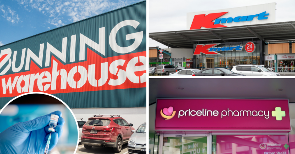 Bunnings, Kmart and Priceline stores and a doctor preparing a covid vaccine