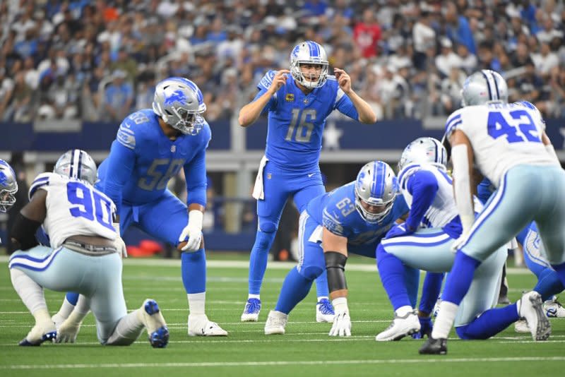 Quarterback Jared Goff (C) helped the Detroit Lions total the fourth-most passing yards in the NFL last season. File Photo by Ian Halperin/UPI