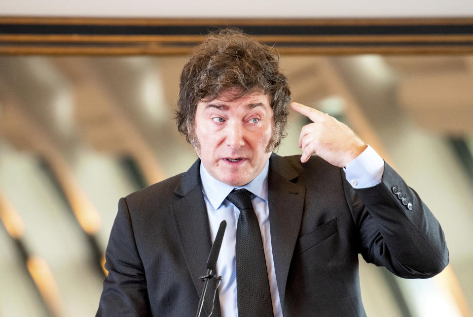 Argentinian President Javier Milei speaks on the occasion of his award of the Hayek Medal of the Friedrich August v. Hayek Society, in Hamburg, Germany, Saturday, June 22, 2024. (Daniel Bockwoldt/dpa via AP)