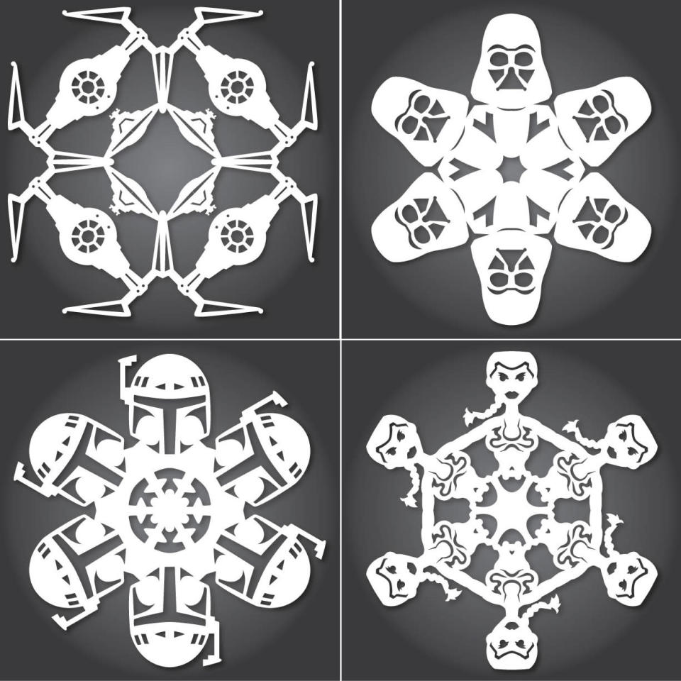 <p>“Another one I think is pretty difficult is the TIE Advanced Fighter with a Star Destroyer attached below it [<i>pictured, upper left</i>]. That snowflake is hard because all the pieces are really thin once you cut everything out. If you mess up you’re going to cut off whole sections of it.”<br><i>(Photo: Anthony Herrera, 2013 designs featured)</i></p>