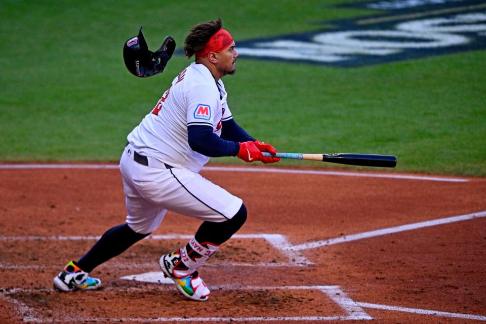 Guardians first baseman Josh Naylor (22) hits a double during the fifth inning against the Detroit Tigers in Game 2 of the ALDS, Oct. 7, 2024, in Cleveland.