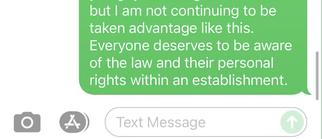 A text message from an employee group chat discussing restaurant management's handling of mistakes, expressing frustration over paying for errors and calling for awareness of personal rights