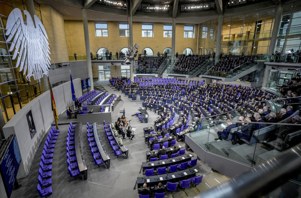 Lawmakers attend a state act to commemorate late former German finance minister Wolfgang Schaeuble in the German parliament in Berlin, Germany, Monday, Nov.22, 2024. (AP Photo/Markus Schreiber)