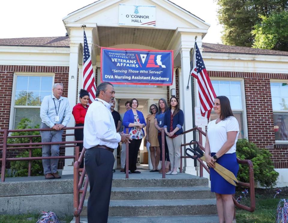 David Puente, Director of Washington State Department of Veteran Affairs, acknowledges Aschlee Heiny, professional development manager at WDVA, for her work in opening the agency’s first on-site Nursing Assistant Academy during the academy’s open house on June 5, 2023. The Nursing Assistant Academy will be housed in O’Connor Hall in the Washington Soldier’s Home in Orting. 