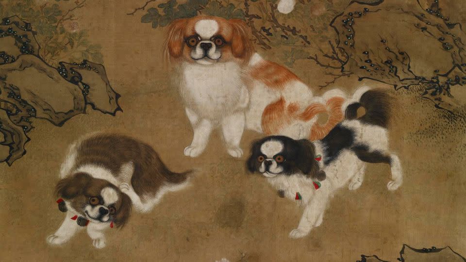 Pekingese dogs depicted in a 19th-century Chinese hanging scroll. - The Trustees of the British Museum