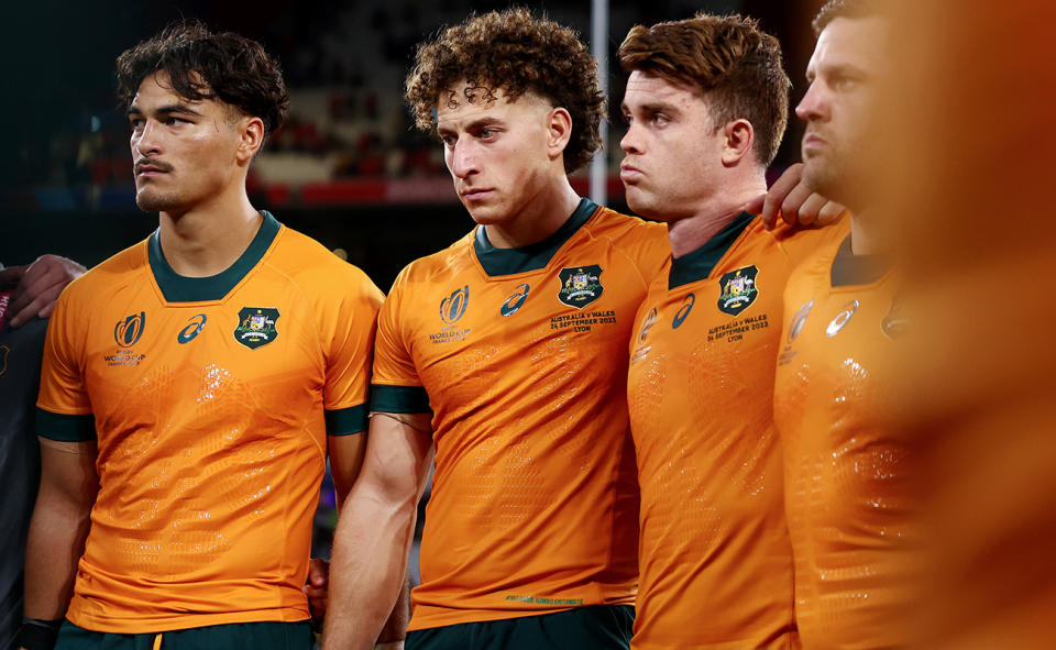 Wallabies players, pictured here after their horror loss to Wales at the Rugby World Cup.