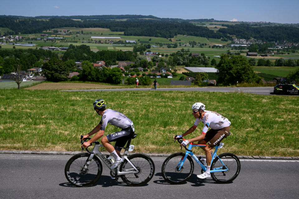 NOTTWIL SWITZERLAND  JUNE 12 LR Nickolas Zukowsky of Canada and Q365 Pro Cycling Team and Michael Schr of Switzerland and Ag2R Citron Team compete in the breakaway during the 86th Tour de Suisse 2023 Stage 2 a 1737km stage from Beromnster to Nottwil  UCIWT  on June 12 2023 in Nottwil Switzerland Photo by Dario BelingheriGetty Images