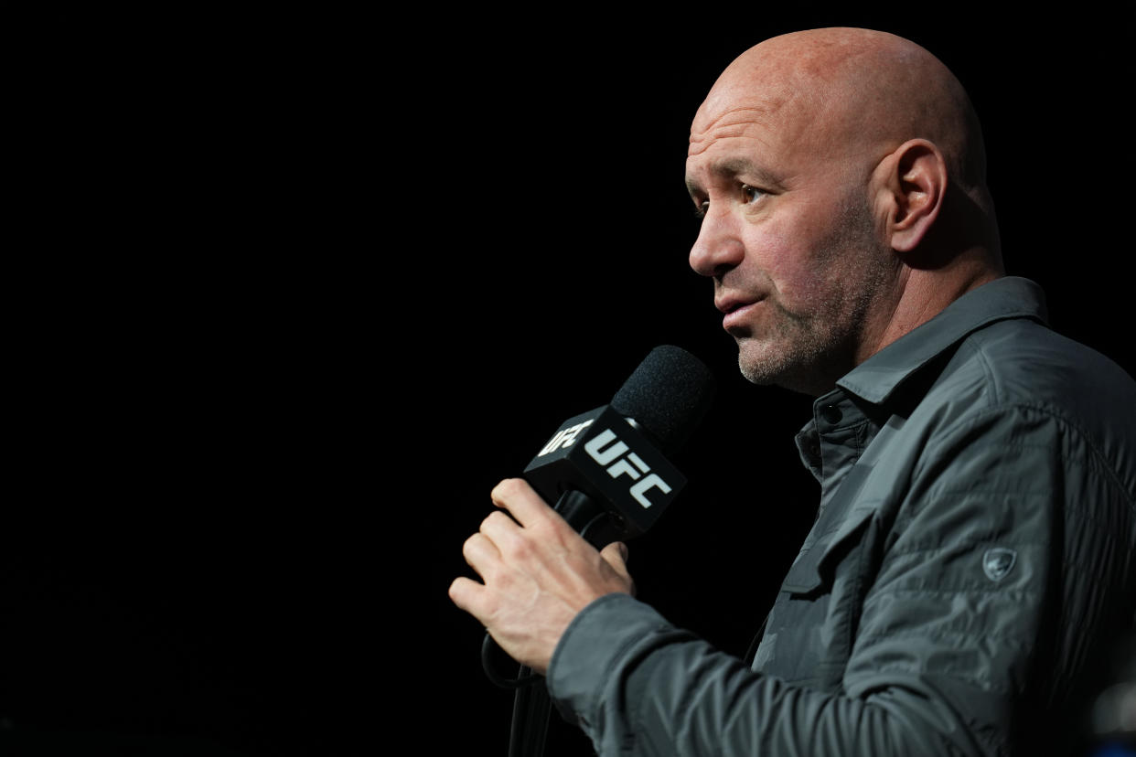 LAS VEGAS, NEVADA - DECEMBER 08: UFC president Dana White is seen on stage during the UFC 282 press conference at MGM Grand Garden Arena on December 08, 2022 in Las Vegas, Nevada. (Photo by Cooper Neill/Zuffa LLC)