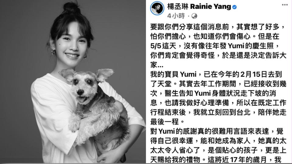 愛犬冥誕楊丞琳發文宣告噩耗。（圖／翻攝自楊丞琳臉書）