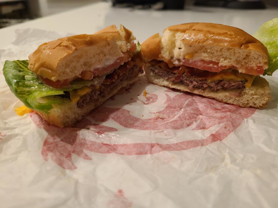 wendys jr bacon cheeseburger on red and white wrapper