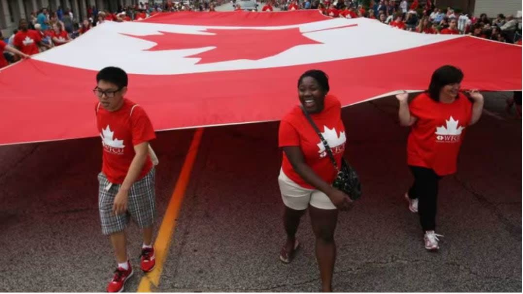 The Unity Flag, pictured during a Canada Day parade in Windsor in a 2015 file photo. (Maggie Durocher - image credit)