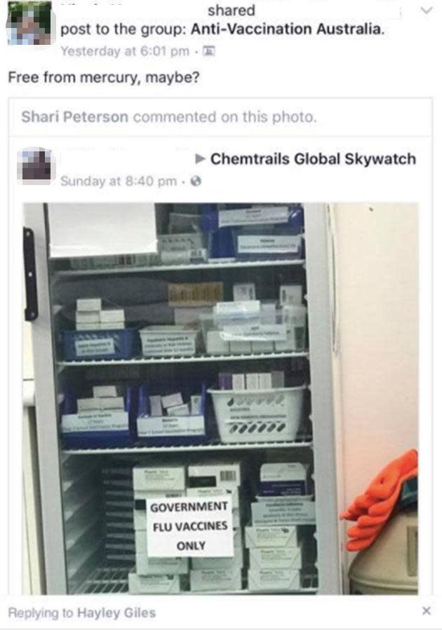 Photos posted show fridges containing tubes for vaccinations.