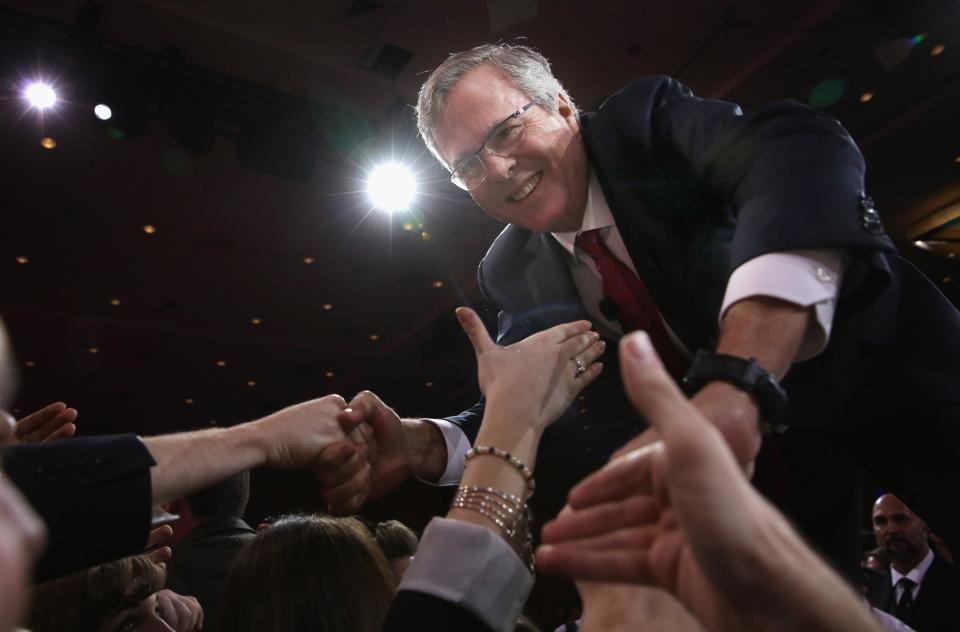 Former Florida governor Jeb Bush shakes hands with attendees after speaking at the 42nd annual Conservative Political Action Conference (CPAC) February 27, 2015 in National Harbor, Maryland. Conservative activists attended the annual political conference to discuss their agenda.  (Alex Wong/Getty Images)