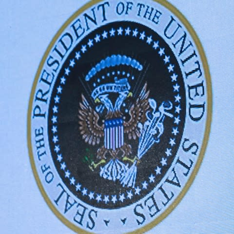 A close-up of the doctored seal - Credit: Chris Kleponis/POOL/EPA-EFE/REX