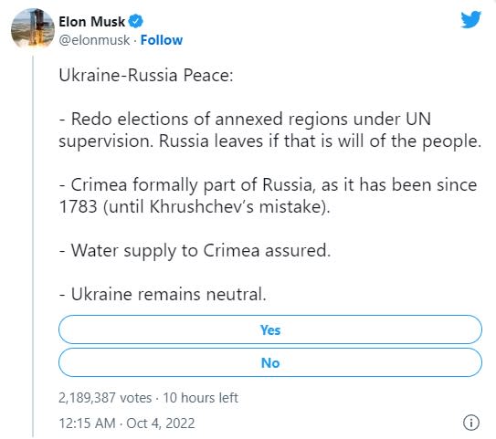 馬斯克先前的推文提出一套「烏俄和平」方案，引發烏克蘭及其支持者的強力抨擊。   圖：翻攝自Elon Musk Twitter