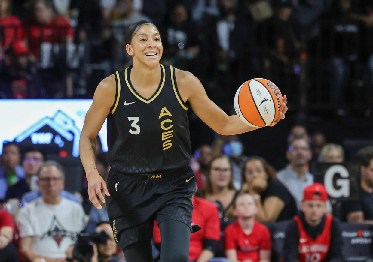 LAS VEGAS, NEVADA - JUNE 29: Candace Parker #3 of the Las Vegas Aces brings the ball up the court against the New York Liberty in the first quarter of their game at Michelob ULTRA Arena on June 29, 2023 in Las Vegas, Nevada. The Aces defeated the Liberty 98-81. NOTE TO USER: User expressly acknowledges and agrees that, by downloading and or using this photograph, User is consenting to the terms and conditions of the Getty Images License Agreement. (Photo by Ethan Miller/Getty Images)