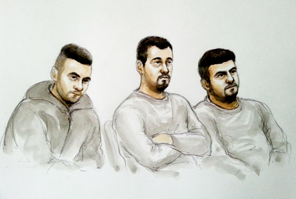 Arkan Ali, Hawkar Hassan and Aram Kurd deny all 11 charges against them. (SWNS)