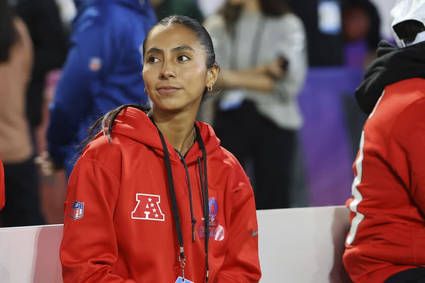 AFC offensive coordinator Diana Flores looks on before the Pro Bowl Games skills events, Thursday, Feb. 2, 2023, in Henderson, Nev. (Gregory Payan/AP Images for NFL)