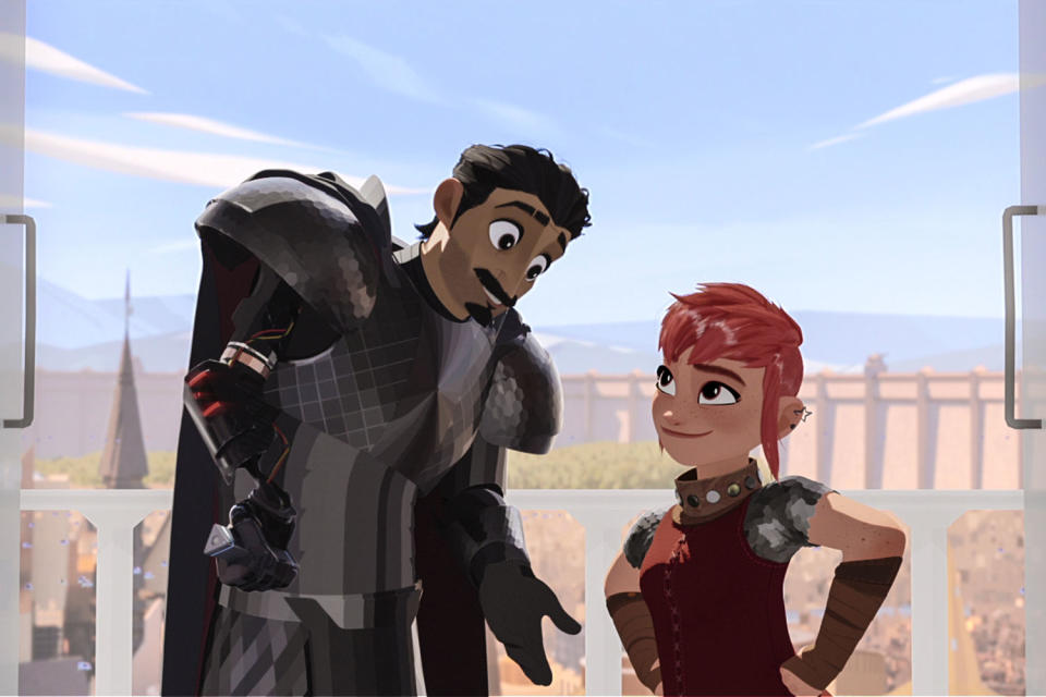 Ballister Boldheart, voiced by Riz Ahmed, and Nimona, voiced by Chloë Grace Moretz, in 