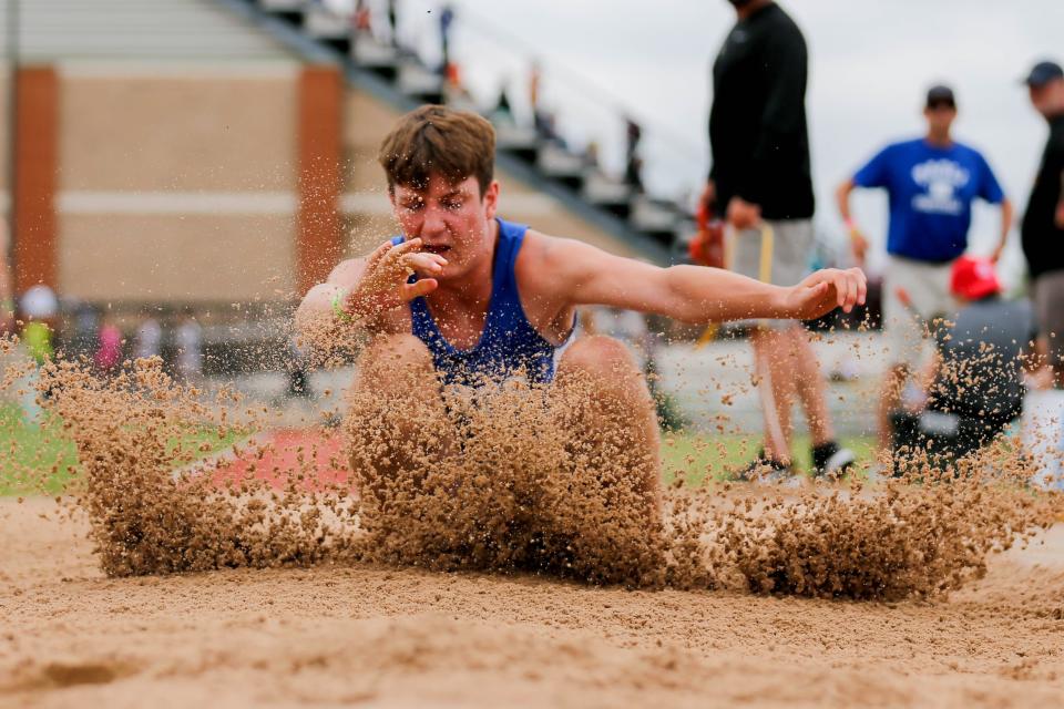 Paoli Conner Boone competes in the long jump during the state track and field tournament at Western Heights in Oklahoma City, on Friday, May 3, 2024.