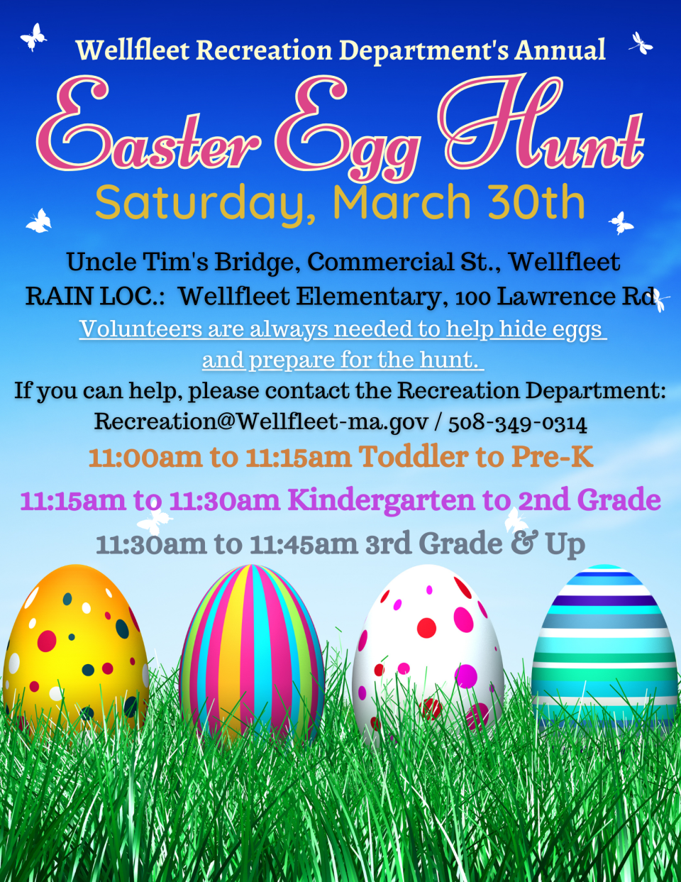 Poster for the Wellfleet Recreation Department's Easter Egg Hunts on March 30.
