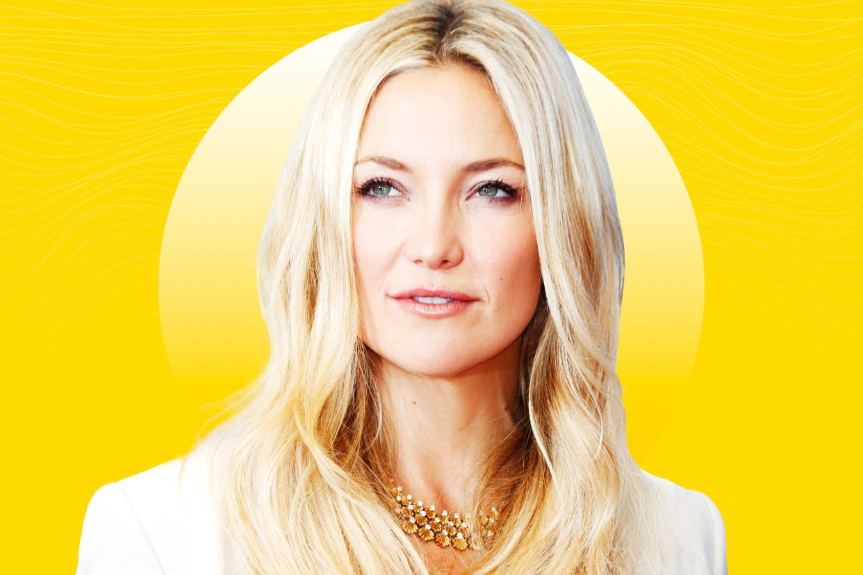 Kate Hudson on a designed background