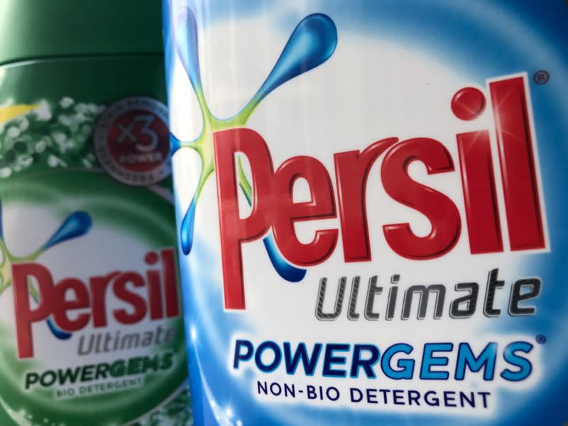Ilustration photo shows containers of Unilever's Persil Ultimate Powergems Bio Detergent and Non-Bio Detergent