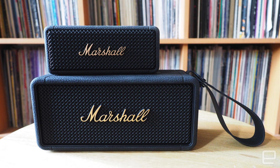 <p>The Marshall Middleton speaker with its classic logo'd front grille and soft touch black exterior.</p>
