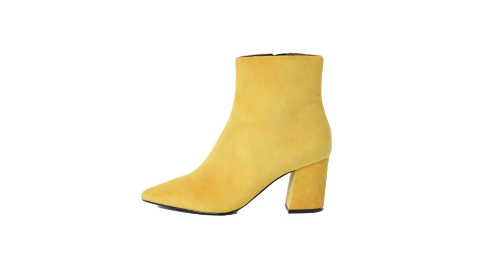 <p>Who said yellow was solely for the summer months? Kick a punch of colour into your wardrobe this autumn with the help of these suede block heel boots. <em><a rel="nofollow noopener" href="https://www.riverisland.com/p/yellow-pointed-block-heel-boots-720642" target="_blank" data-ylk="slk:Shop now;elm:context_link;itc:0;sec:content-canvas" class="link ">Shop now</a>.</em> </p>