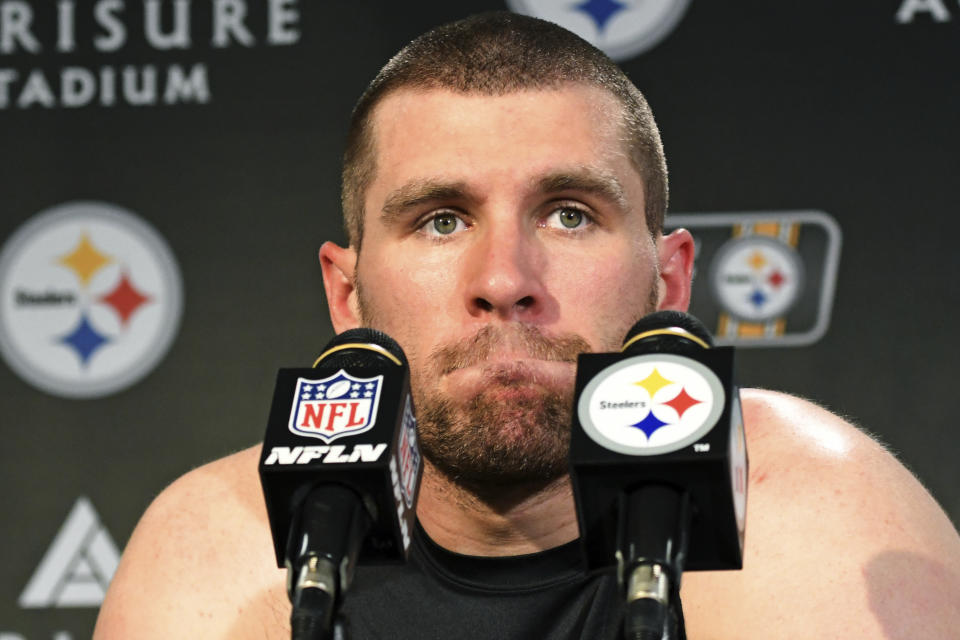 Pittsburgh Steelers linebacker T.J. Watt meets with reporters after an NFL football game against the Baltimore Ravens in Pittsburgh, Sunday, Dec. 11, 2022. The Ravens won 16-14(AP Photo/Fred Vuich)