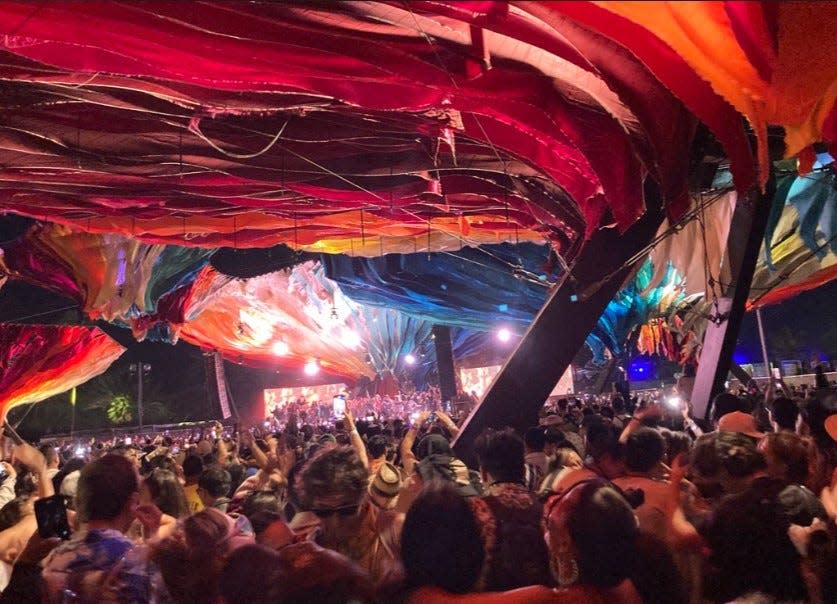 The crowd inside the DoLab during a surprise Coachella performance by Billie Eilish and FINNEAS on Saturday, April 13.