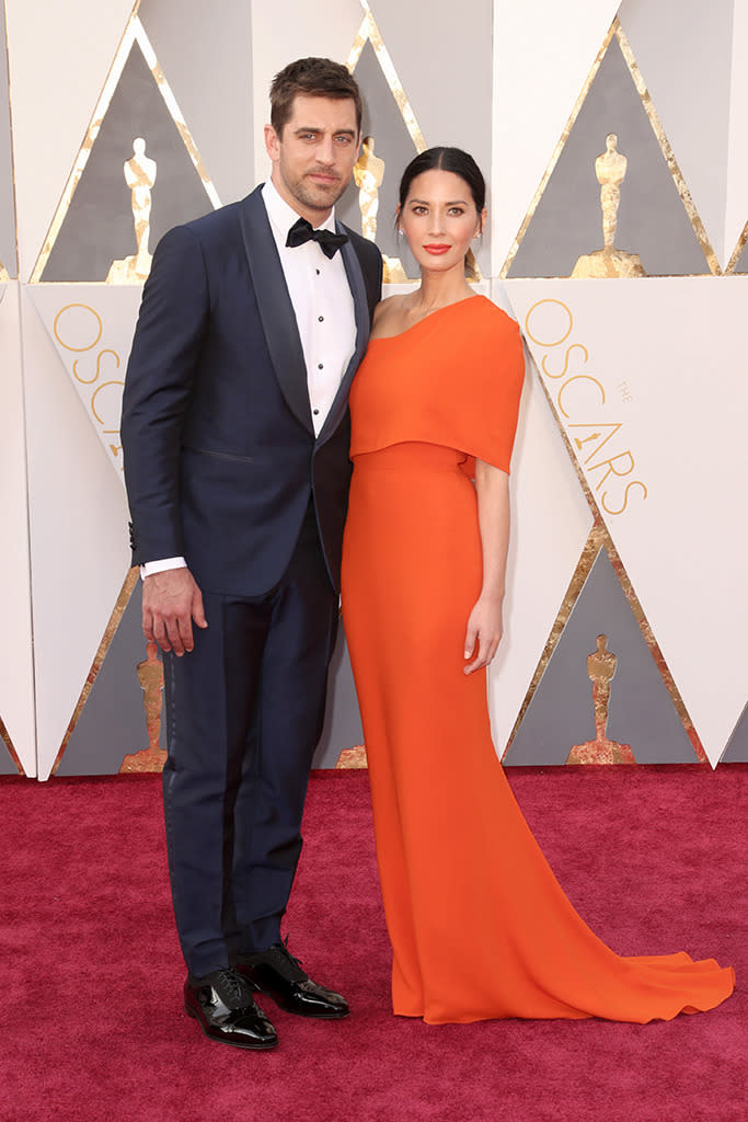 Olivia Munn and Aaron Rodgers attend the 88th Annual Academy Awards at the Dolby Theatre on February 28, 2016, in Hollywood, California.