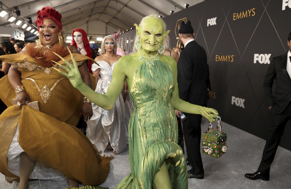 Drag artists Princess Poppy from Rupaul's Grag Race walks the red carpet at the 75th Emmy Awards on Monday, Jan. 15, 2024 at the Peacock Theater in Los Angeles. (Photo by Mark Von Holden/Invision for the Television Academy/AP Images)