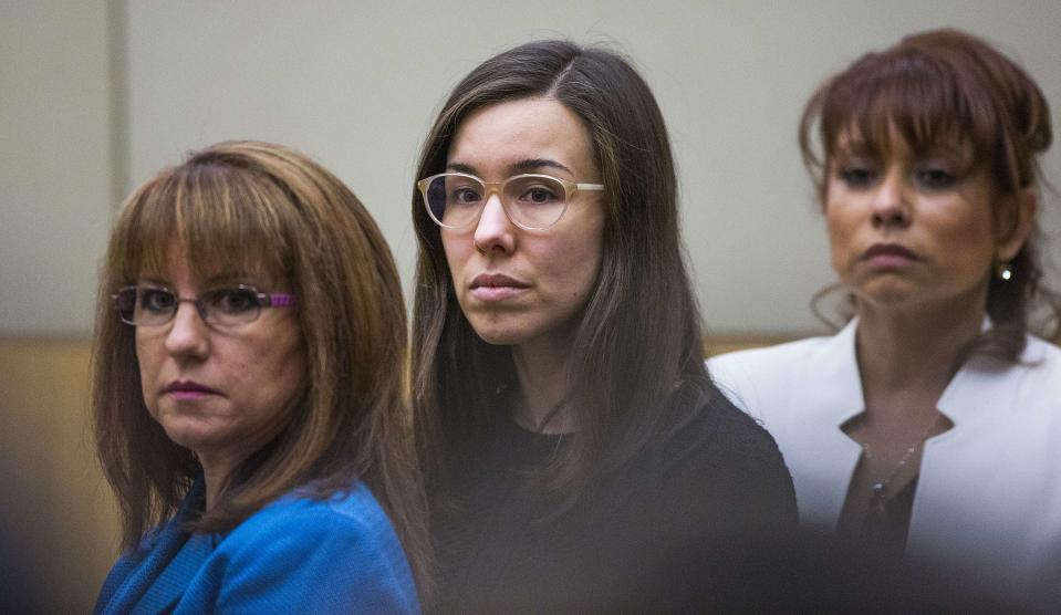 Jodi Arias watches the jury enter the courtroom for her sentencing phase retrial in Phoenix