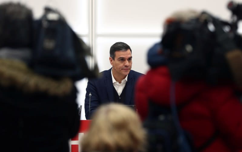 Spain's acting Prime Minister Pedro Sanchez addresses a Socialists executive board meeting at party headquarters in Madrid