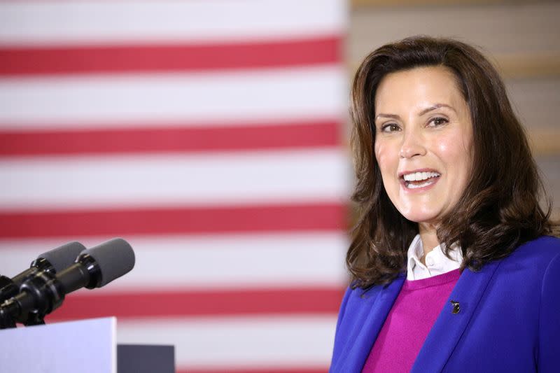 FILE PHOTO: Michigan Governor Gretchen Whitmer (D-MI) speaks during an event at the Beech Woods Recreation Center in Southfield