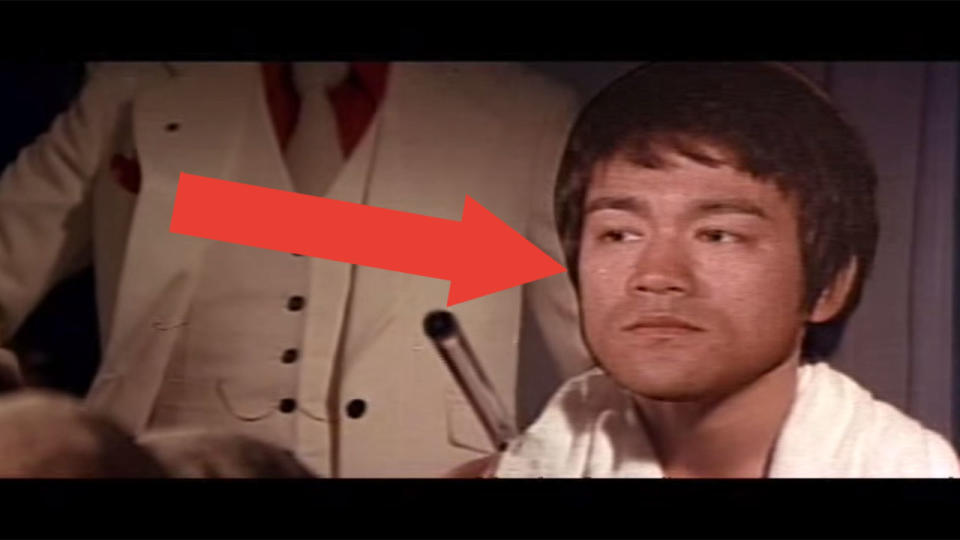 <p>‘Game Of Death’ was part-way through production when star Bruce Lee tragically died, so the filmmakers used all kinds of tricks to make you forget the film’s star wasn’t actually present. The most galling was a static cardboard cutout of Lee’s face stuck to a mirror, while a lookalike sat perfectly still in front of it. Later, the filmmakers would use footage of Lee’s actual funeral in scenes intended to be for his character. </p>