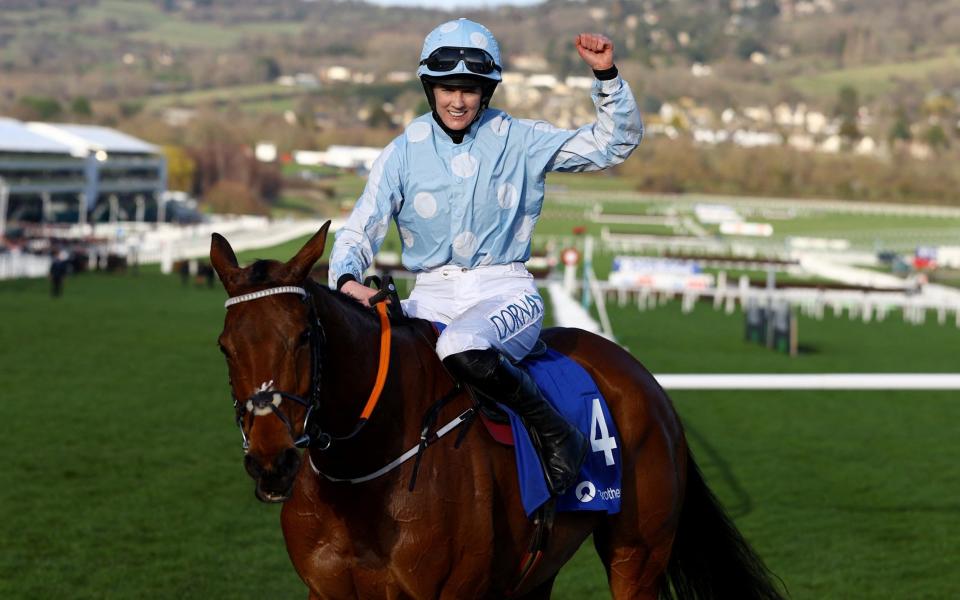 Rachael Blackmore celebrates winning the 16:10 Close Brothers Mares Hurdle - Reuters/Paul Childs