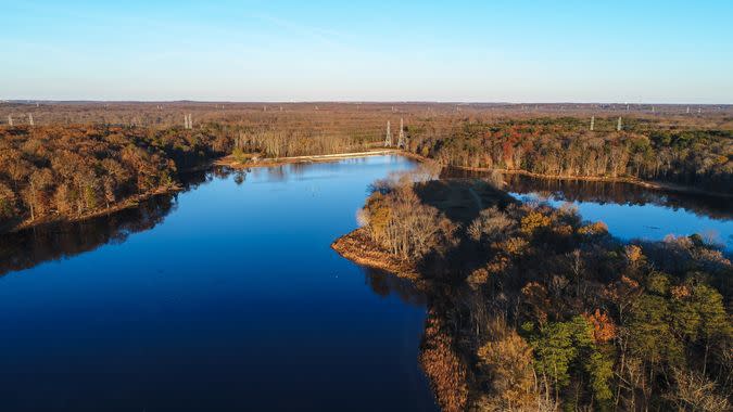 An aerial view of Lake Redington and the surrounding hiking trails of the Patuxent River in Laurel, Maryland.